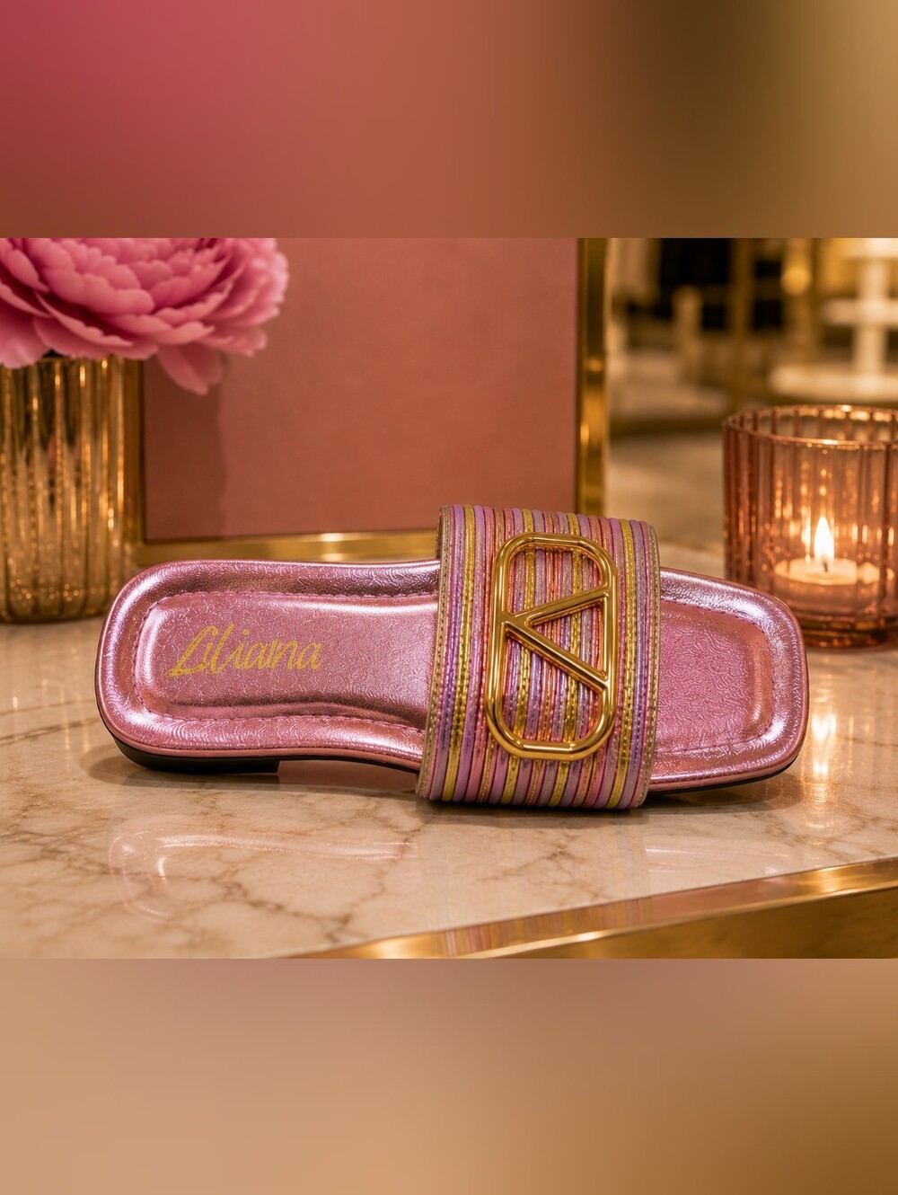 Liliana “Kyra” Metallic Pink & Gold Slides – New in Box – Size 10